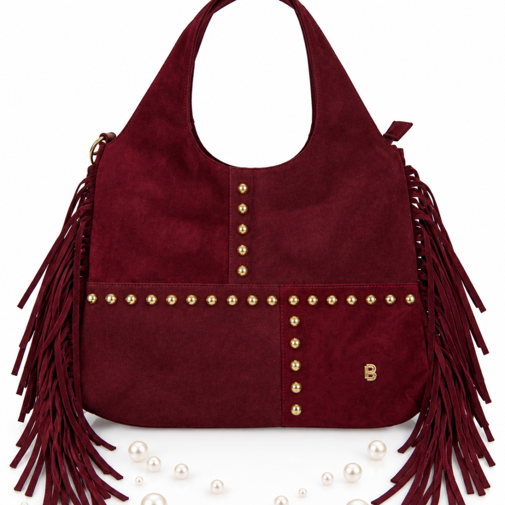 Μπορντό suede τσάντα ώμου boho με κρόσσια και χρυσές λεπτομέρειες.