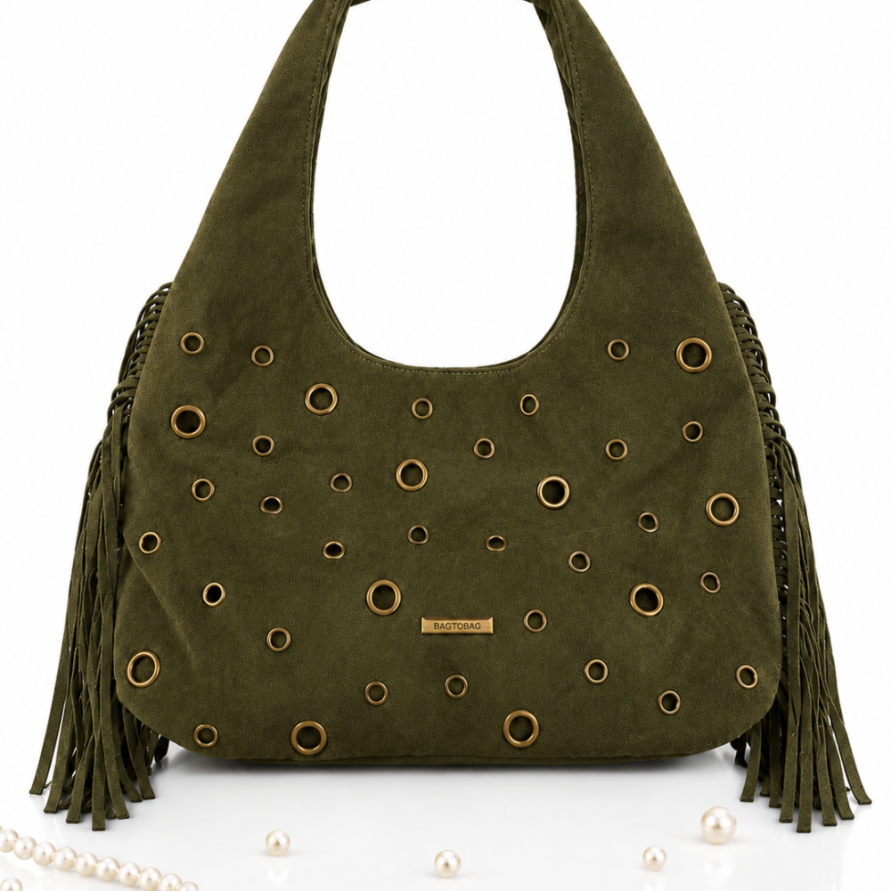 Bag to bag suede τσάντα ώμου hobo με κρόσσια & μεταλλικές λεπτομέρειες – Χακί.