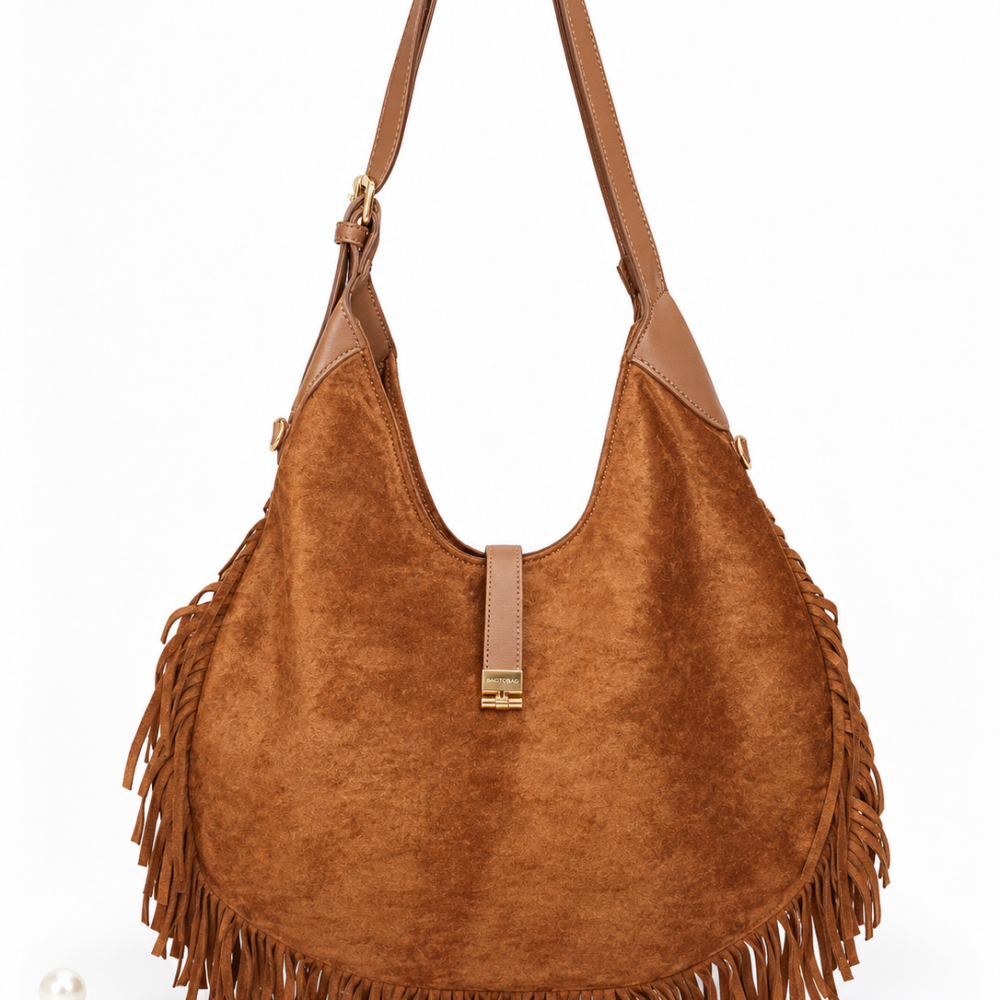 Suede Hobo τσάντα ώμου με κρόσσια – κάμελ.