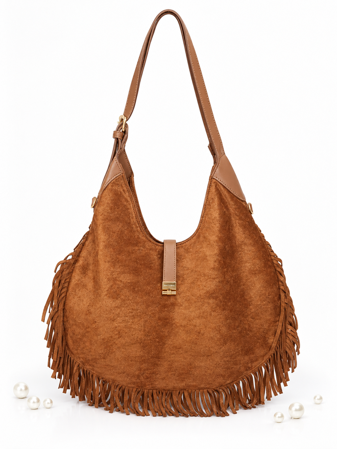 Suede Hobo τσάντα ώμου με κρόσσια – κάμελ.