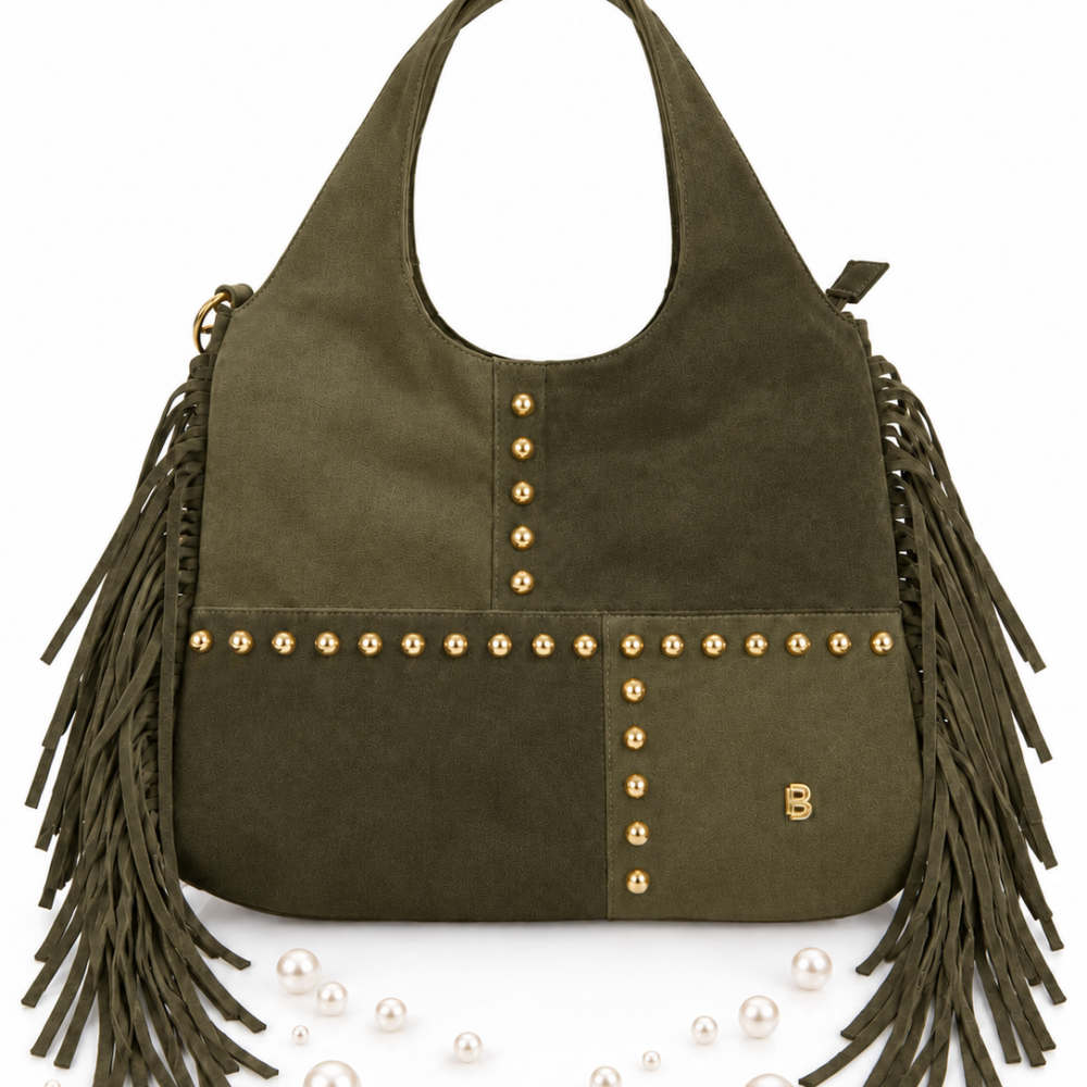 Bag to bag suede τσάντα ώμου με κρόσσια και χρυσές λεπτομέρειες - Χακί.